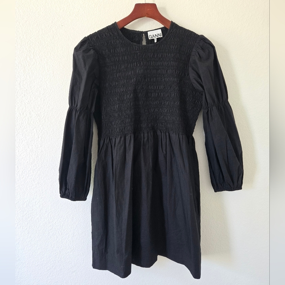 GANNI Women's Cotton Poplin Mini Smock Dress in Black size 38 or 6 - Picture 5 of 16